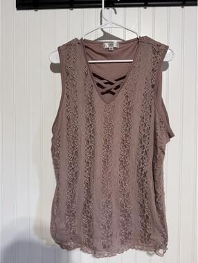Shannon Ford New York Mauve Lace Criss Cross Neck Sleeveless Top 3X Plus